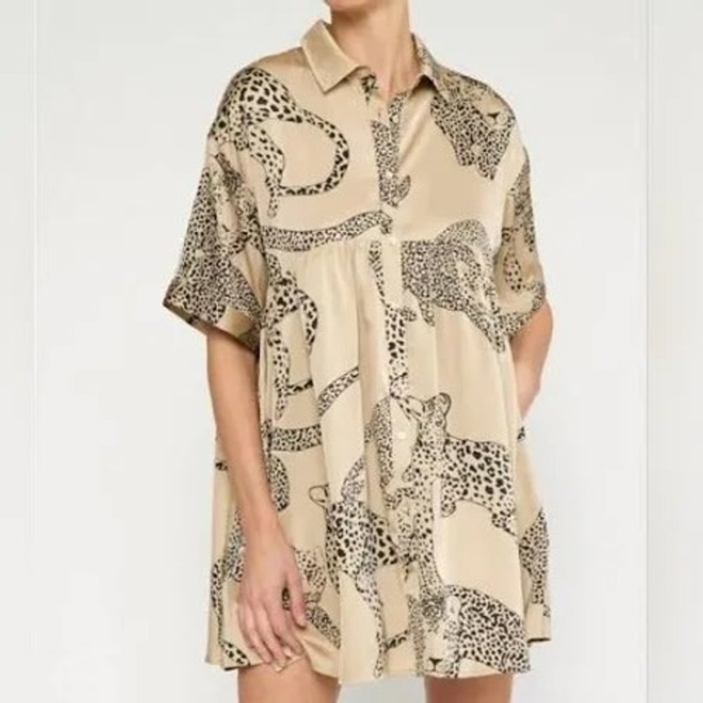 Entro Womens Leopard Print Short Sleeve Button Down Babydoll Top Tan Black L